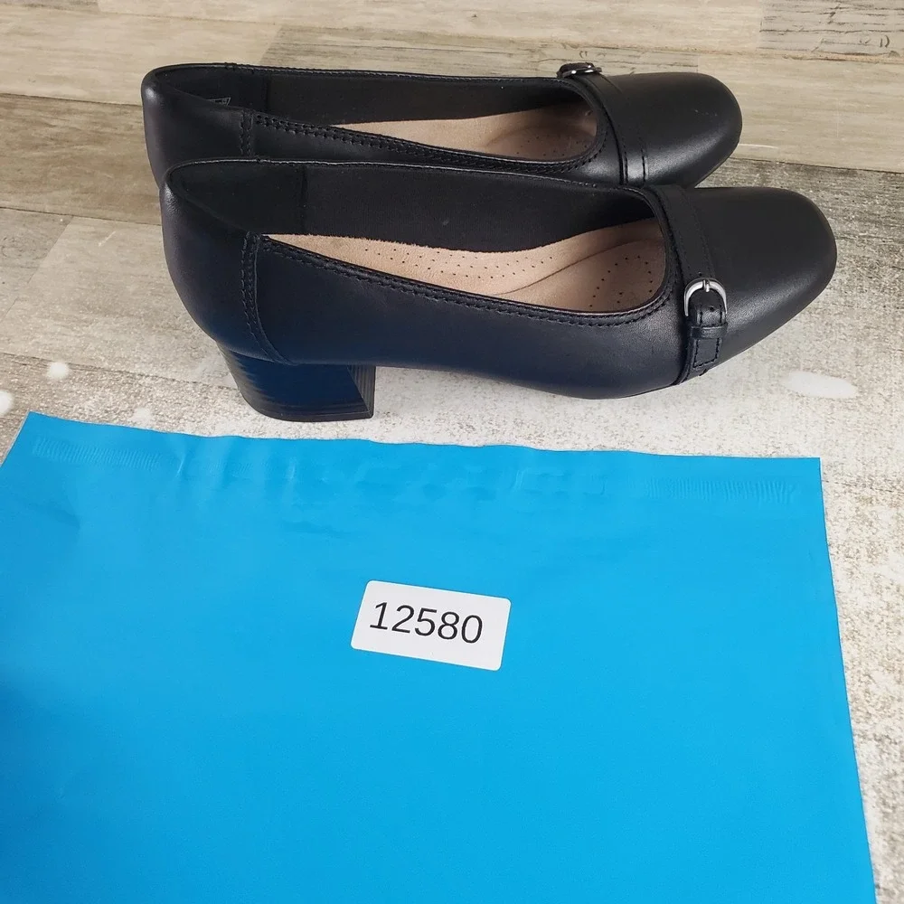 Clarks Marilyn Nora Womens Pump Sz 7 Black Leather Slip On Square Toe Block Heel